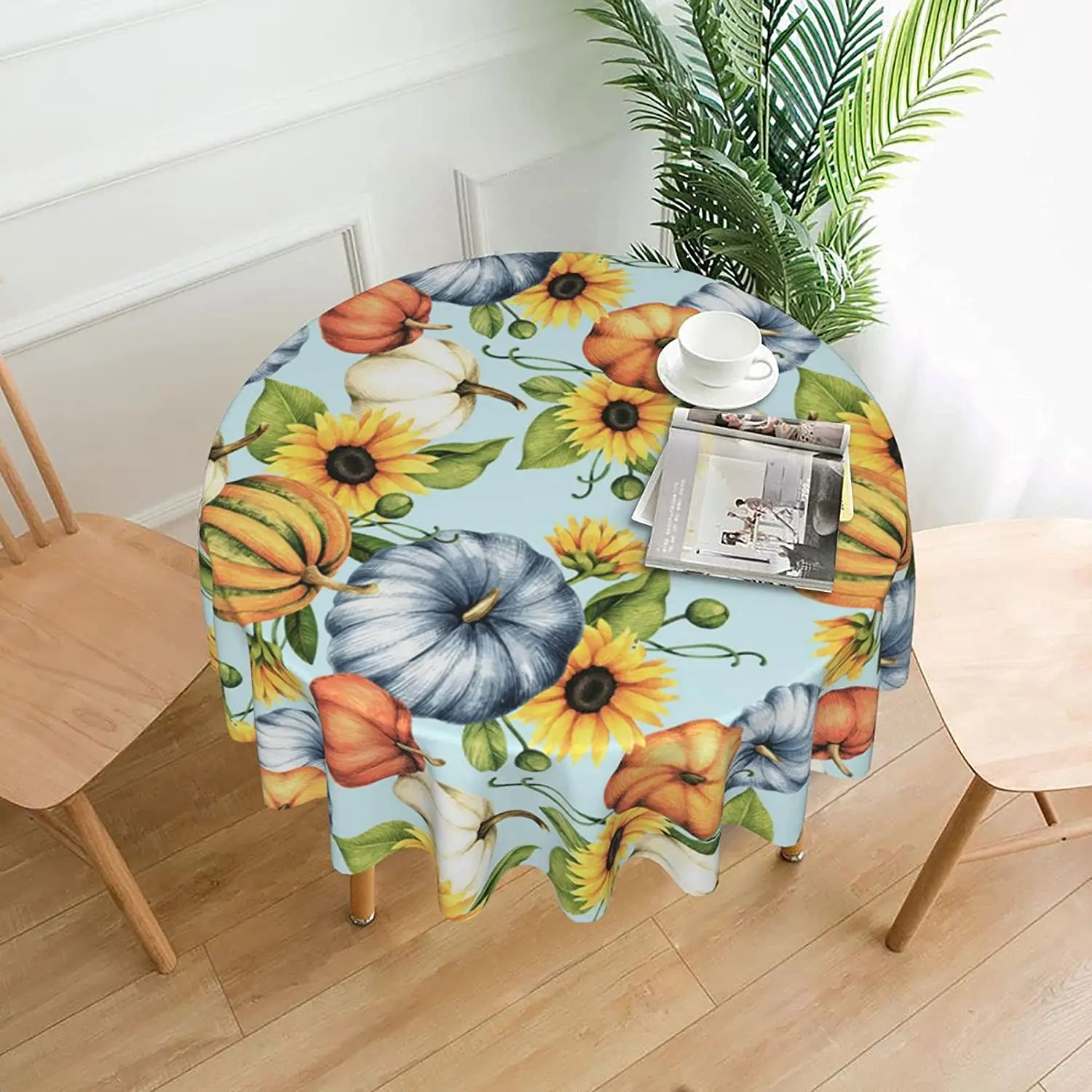 

Fall Pumpkin Round Tablecloth Teal Blue Autumn Sunflowers Thanksgiving Round Table Cloth Home Kitchen Dining Room Patio Party