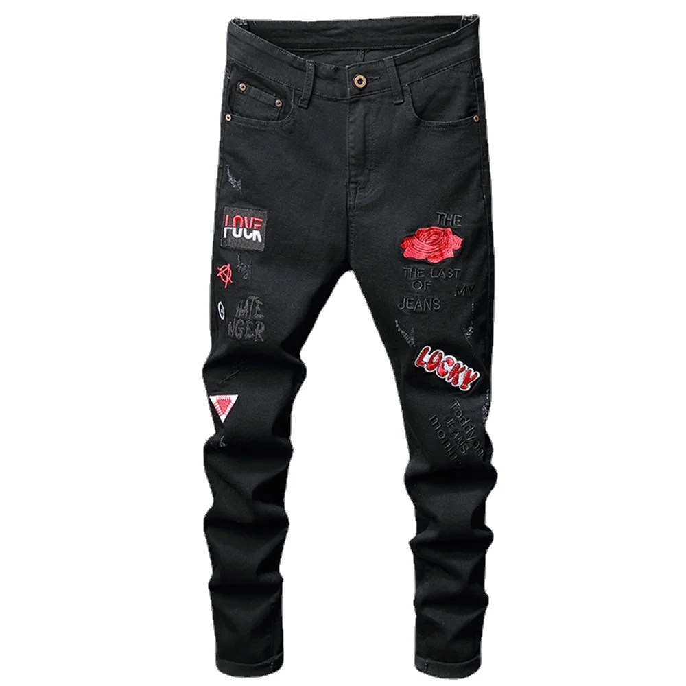 

Men's Broken Hole Embroidered Pencil jeans Slim Men Trousers Casual Thin Denim Pants Classic Cowboys Young Man Jogging Pants