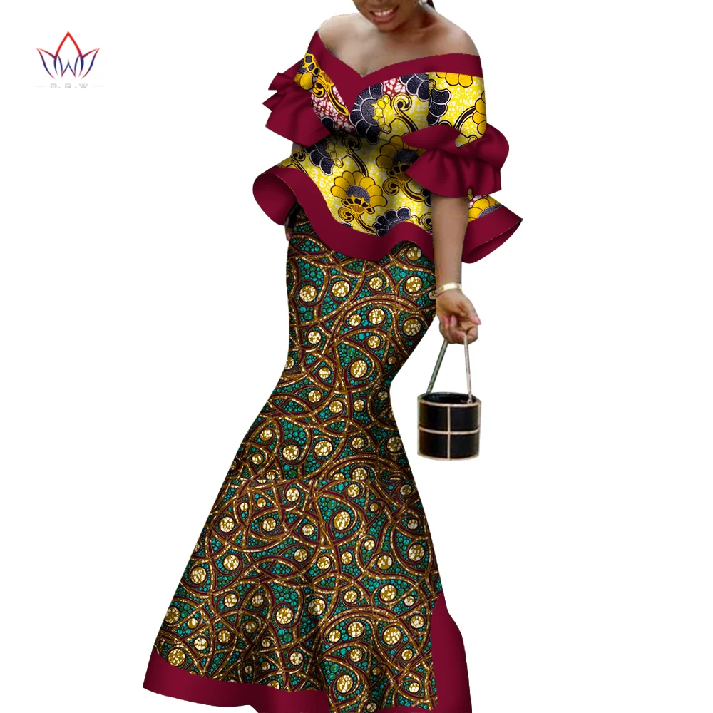 แอฟริกันผู้หญิงชุด2ชิ้นชุด Dashiki ชุดสั้น Crop Top ชุดกระโปรงยาวพิมพ์ V คอชุด Africa เสื้อผ้า WY8102