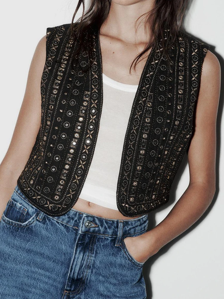 

Женский жилет с вышивкой, Осенний черный облегающий укороченный жилет без рукавов с V-образным вырезом, винтажная уличная одежда, 2023