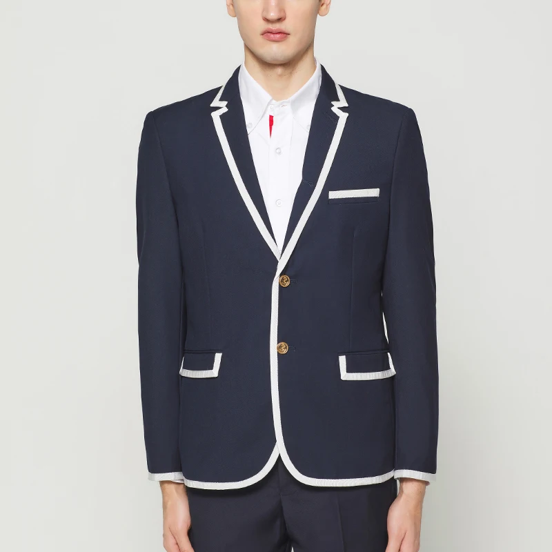 

TB THOM Male Suit Autumn Winter Men Jacket Fashion Brand Blazer White Grosgrain Tipping Coat Formal Casual Navy TB Suit