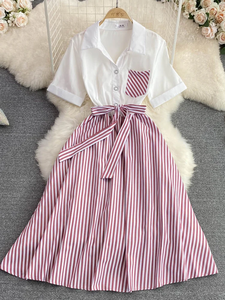 

FMFSSOM летнее модное однобортное платье средней длины с поясом на завязках, повседневные платья-трапеции с высокой талией и полосками