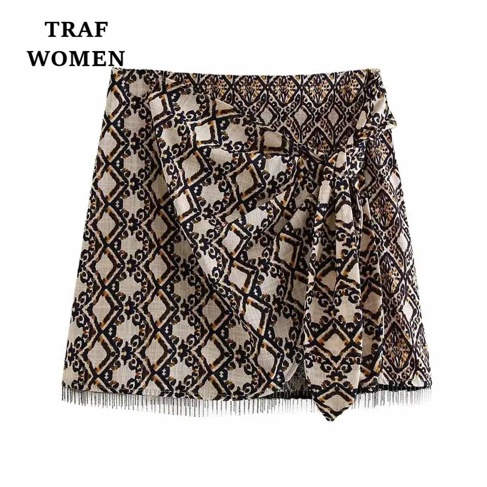 

TRAF WOMEN 2023 Spring Fashion New Printed Sarong Skirt Back Zipper Beaded Decoration High Waist Retro Lace-up Skirt