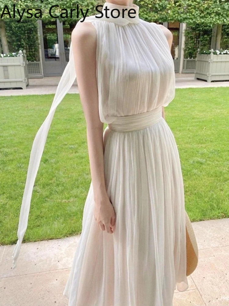 

2022 Summer White Elegant Chiffon Midi Dress Women Sleeveless Slim Casual Pure Color Beach Dress One Piece Dress Korean Party