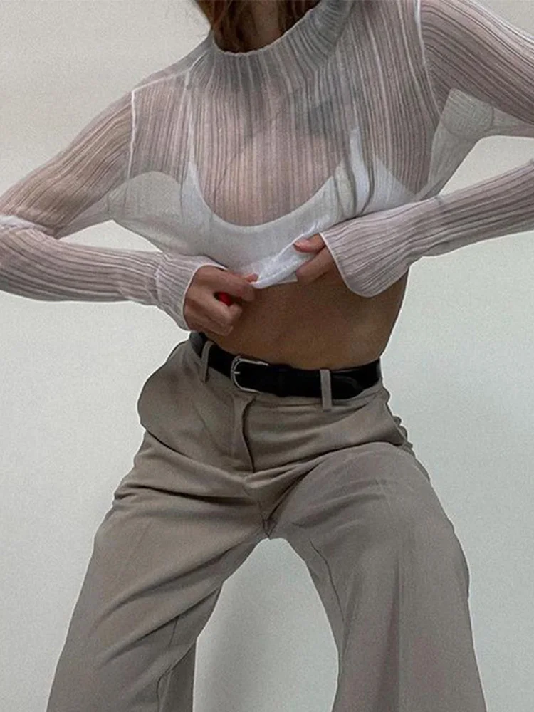 

Сексуальные прозрачные женские топы с длинным рукавом и ложным воротником, модная уличная одежда, элегантная облегающая женская одежда