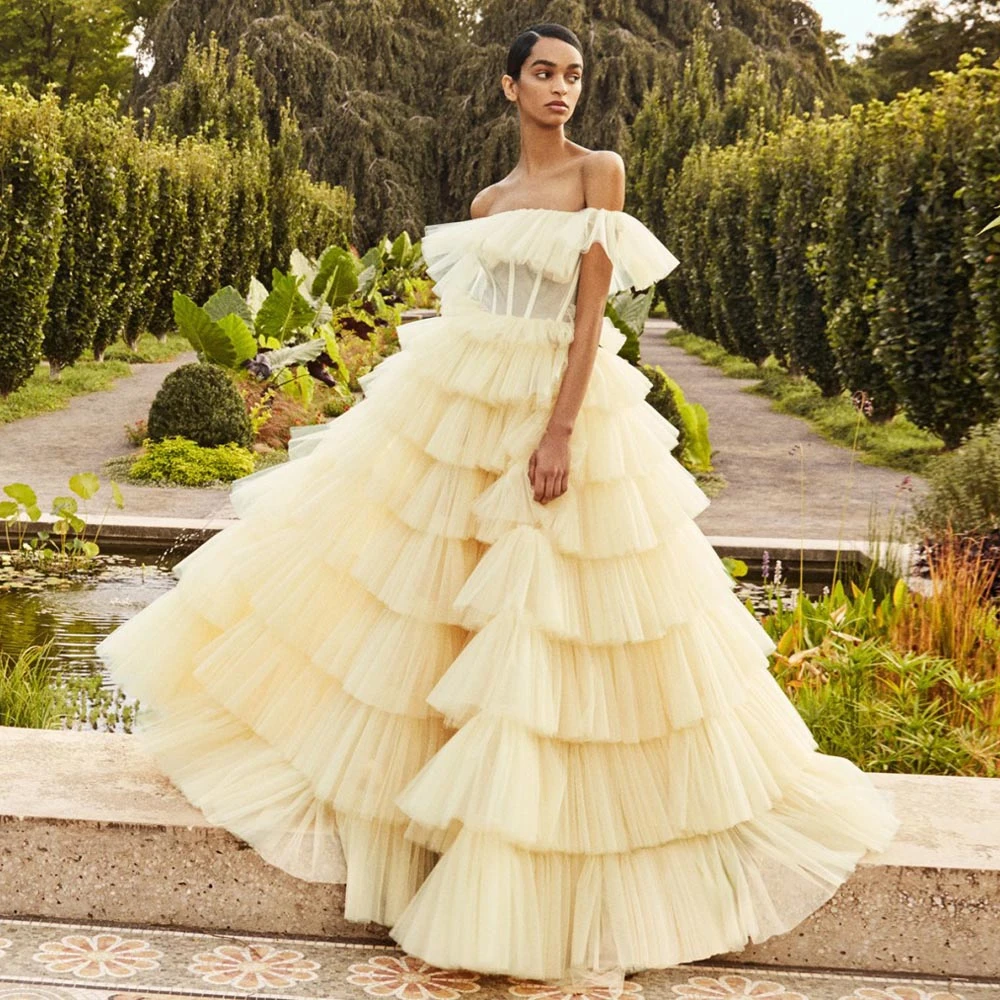 

Женское многослойное платье из фатина, бежевое вечернее платье с оборками, платье до пола с открытыми плечами для выпускного вечера, элегантная женская одежда