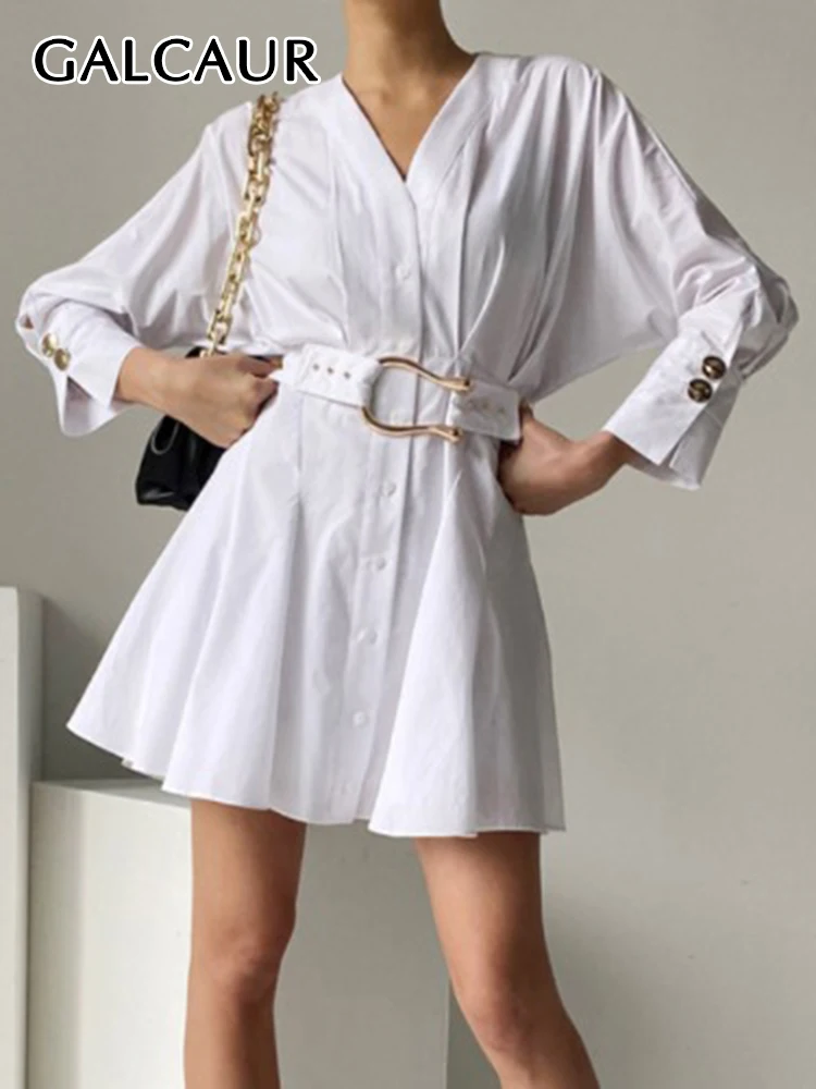 

GALCAUR Temperament Mini Dresses For Women V Neck Long Sleeve Single Breasted High Waist Spliced Belt Solid A Line Dress Female