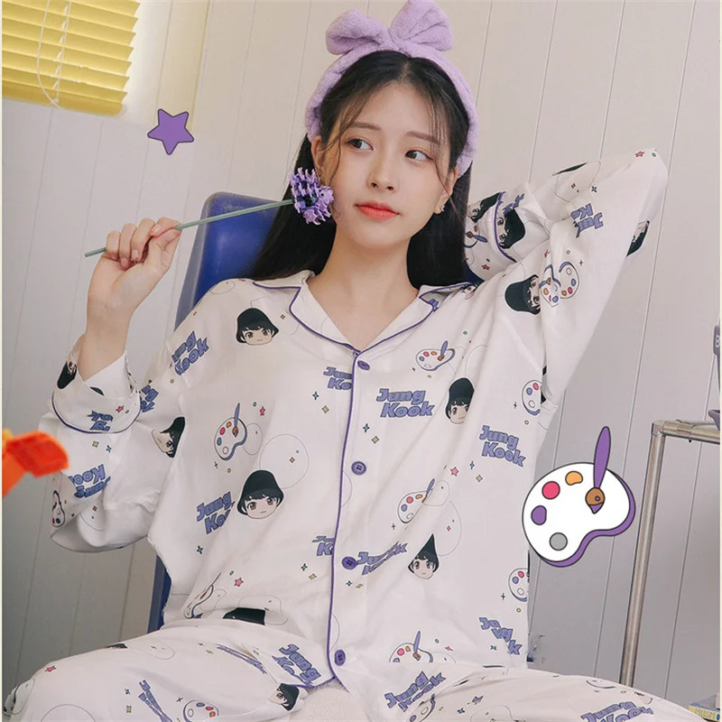 

KPOP Bangtan Boys Sleepwear Pajamas Nightshirt Pant Sets Women Long Sleeve T-shirt