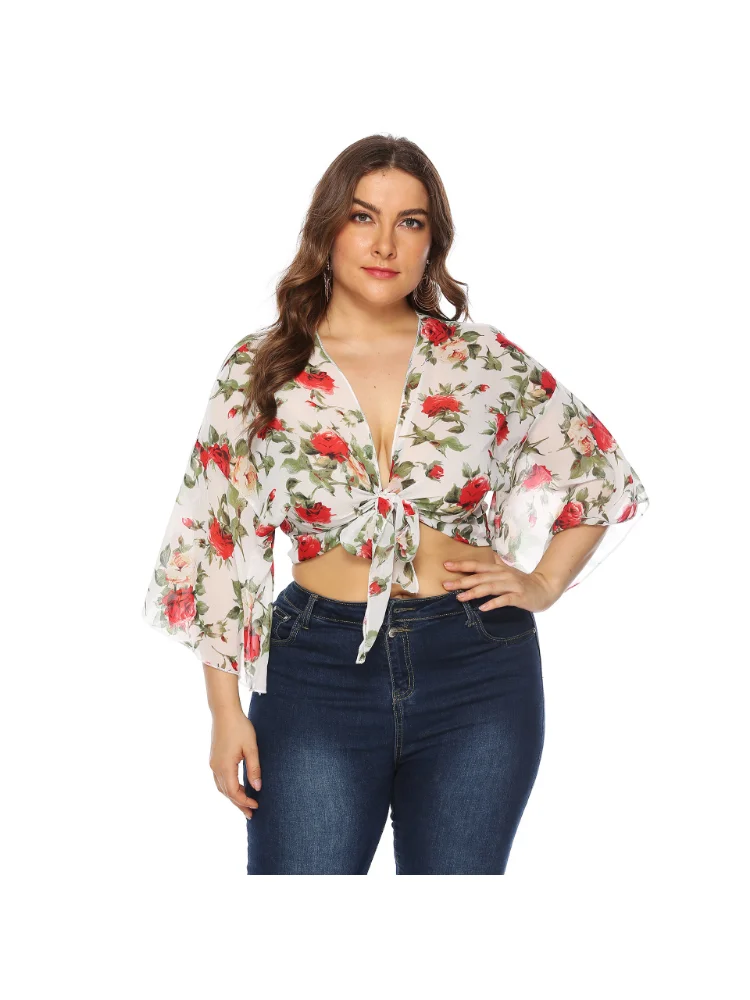 Large size women's rose flower print, bell sleeves, chiffon cardigan knotted cropped top plus size blouse
