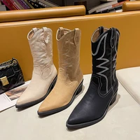 2022 new womens mid calf western boots cowboy pointed toe knee high pull ladies fashion leather motorcycle plus size 35 42