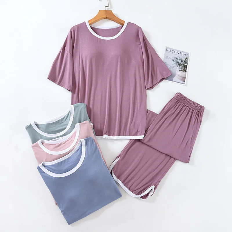 

New Large Size Pajamas Ladies Summer Thin Modal Cotton Cropped Pants and Short Sleeves Tops with Chest Pad Cool Homewear Set