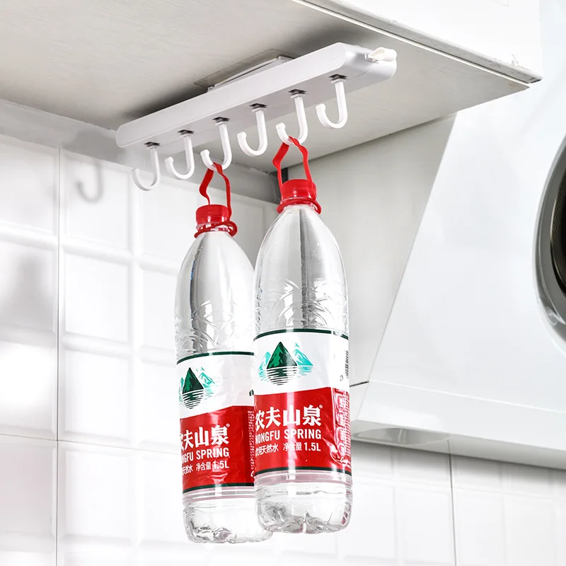 Kitchen Free Punch Pull-out 6 Hooks Under The Cabinet Kitchenware Storage Rack Retractable Sticky Hook Essentials |
