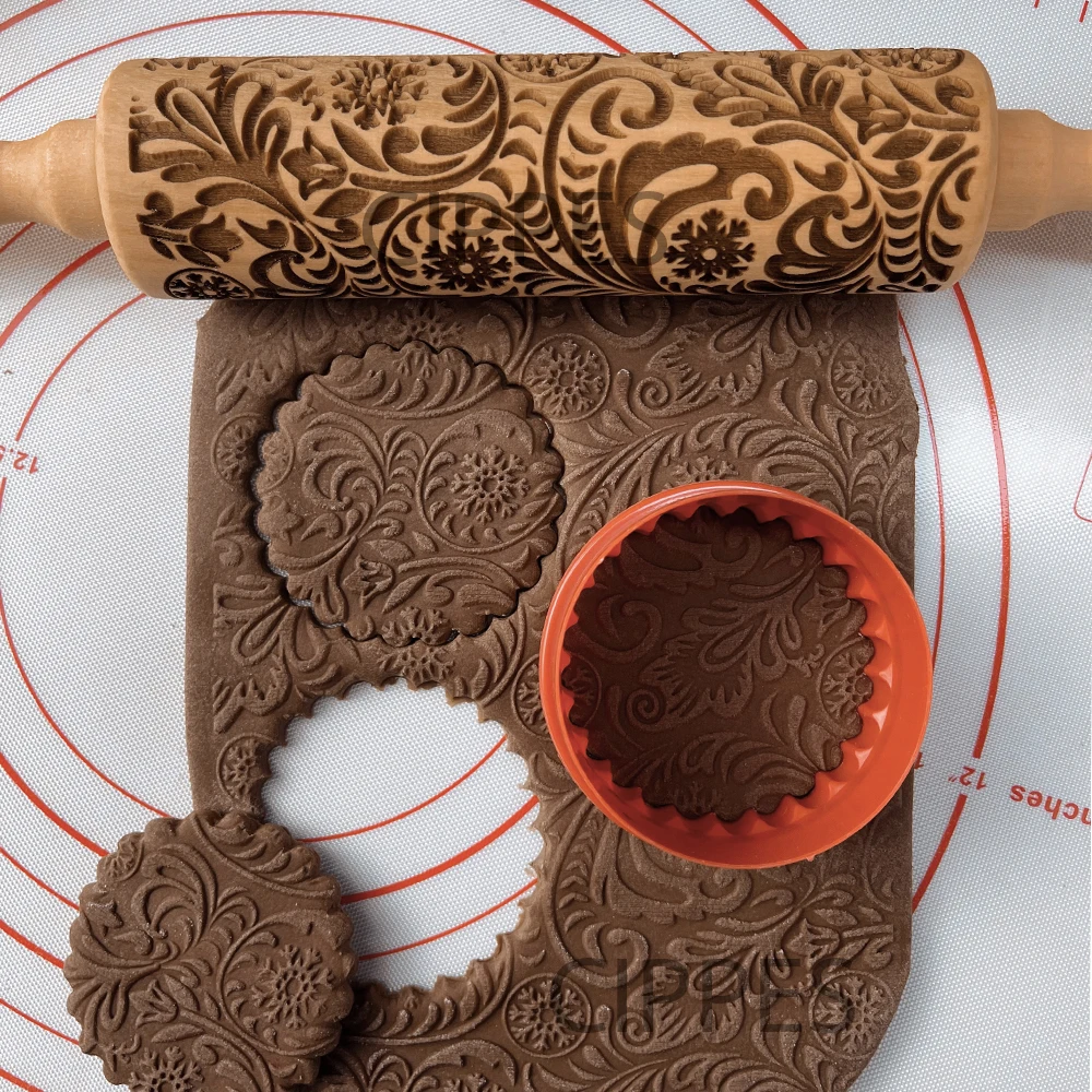 Embossing Rolling Pin for Christmas, With Reindeer Flower Pattern Engraved Roller Dough Xmas Decoration for Cookies Biscuit Cake