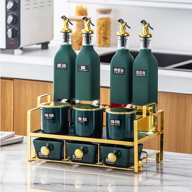 

Condiment Spice Container Salt and Pepper Shakers Olive Oil Bottle Seasoning Organizer Rack Sauce Kruiden Organizer Canister Set