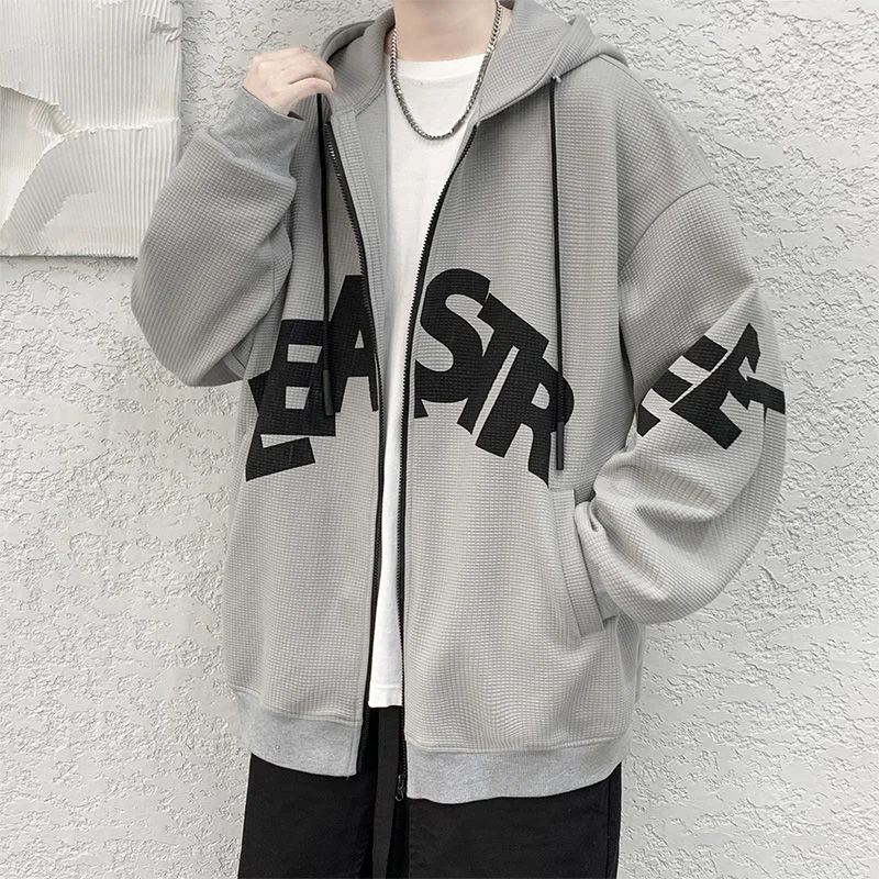 

Hybskr Streetwear Casual Men's Zipper Hoodies Autumn Waffle Letter Graphic Male Hooded Sweatshirt Streetwear Cardigan Coats