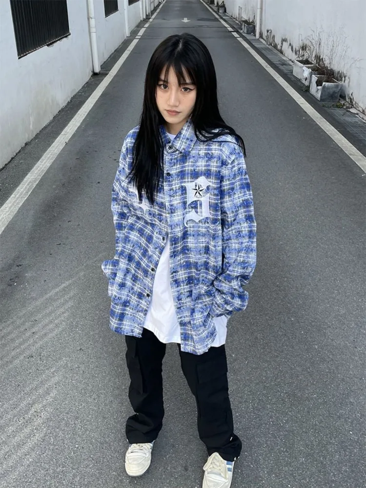 

Hikigawa Streetwear Chic Fashion Tie Dye Plaid Shirts Coat Early Autumn Casual Loose Vintage Embroidery Blusas Top Mujer De Moda