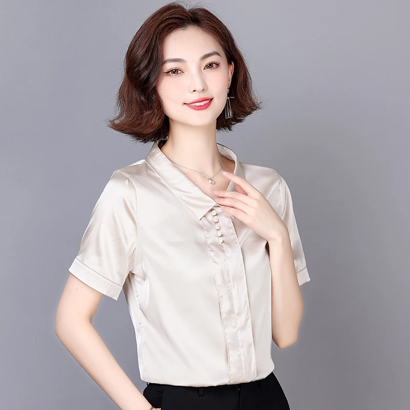 

Popular Office Lady Tops 2022 Summer Thin Casual Acetate SATIN Solid Pink Short Sleeve Women Shirts V-Neck Pullover Blouses