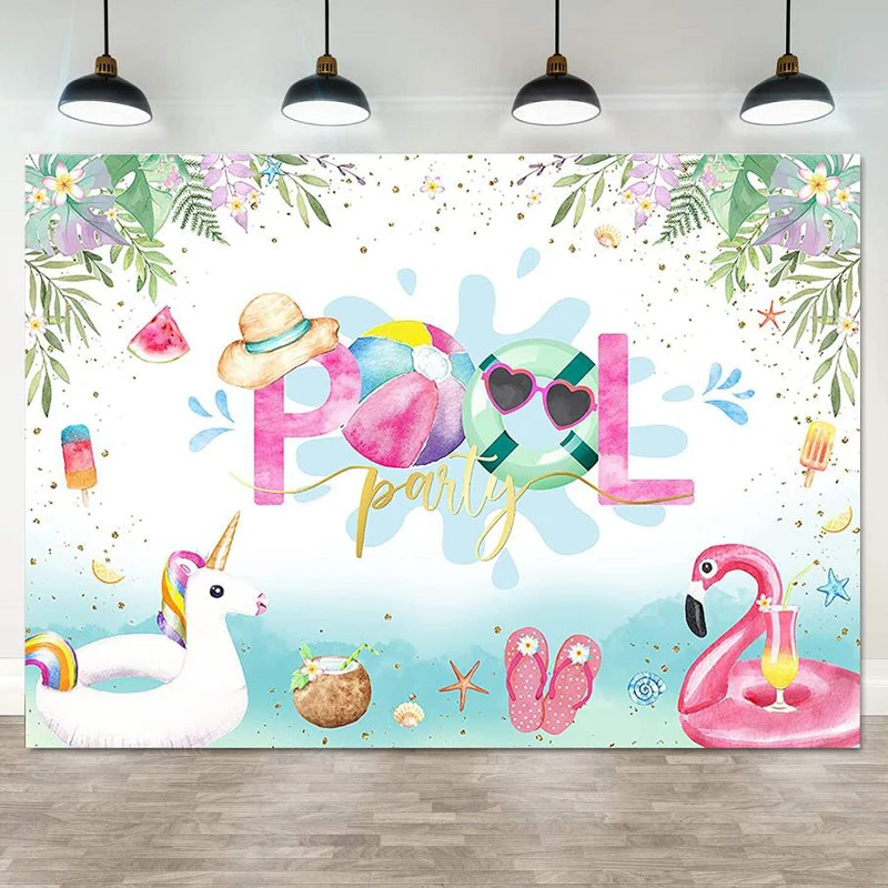 

Photography Backdrop Summer Swimming Pool Party Flamingo Decor For Boys Girl Birthday Background Tropical Hawaiian Baby Shower
