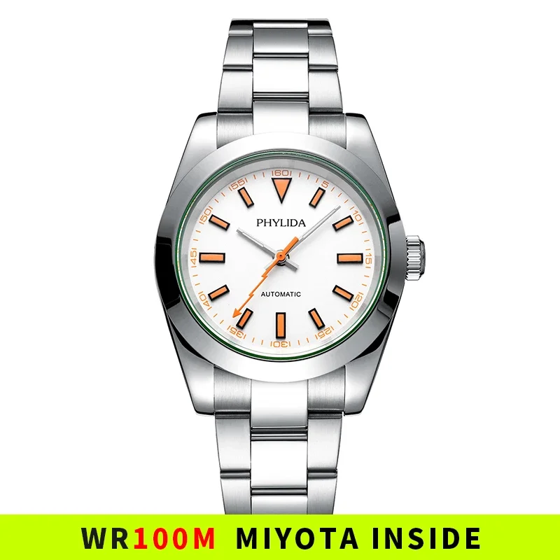 

NEW PHYLIDA 39mm Automatic Mechanical Luxury Everyday Watch Lightning Bolt Hands 10Bar Waterproof White Orange Dial 100M WR