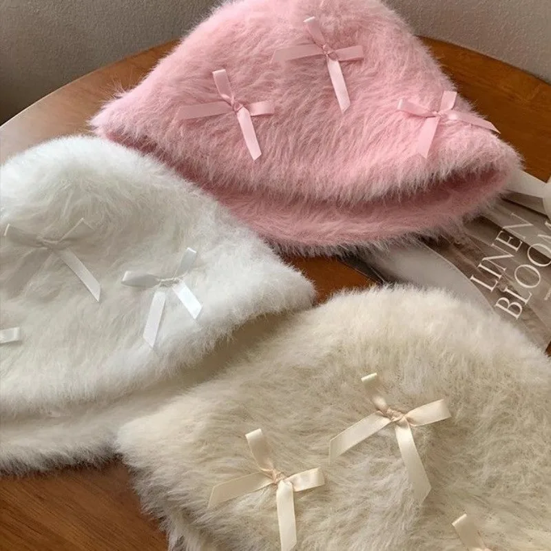 Милые популярные шляпы-ведра из искусственного меха с бантом для девочек женские