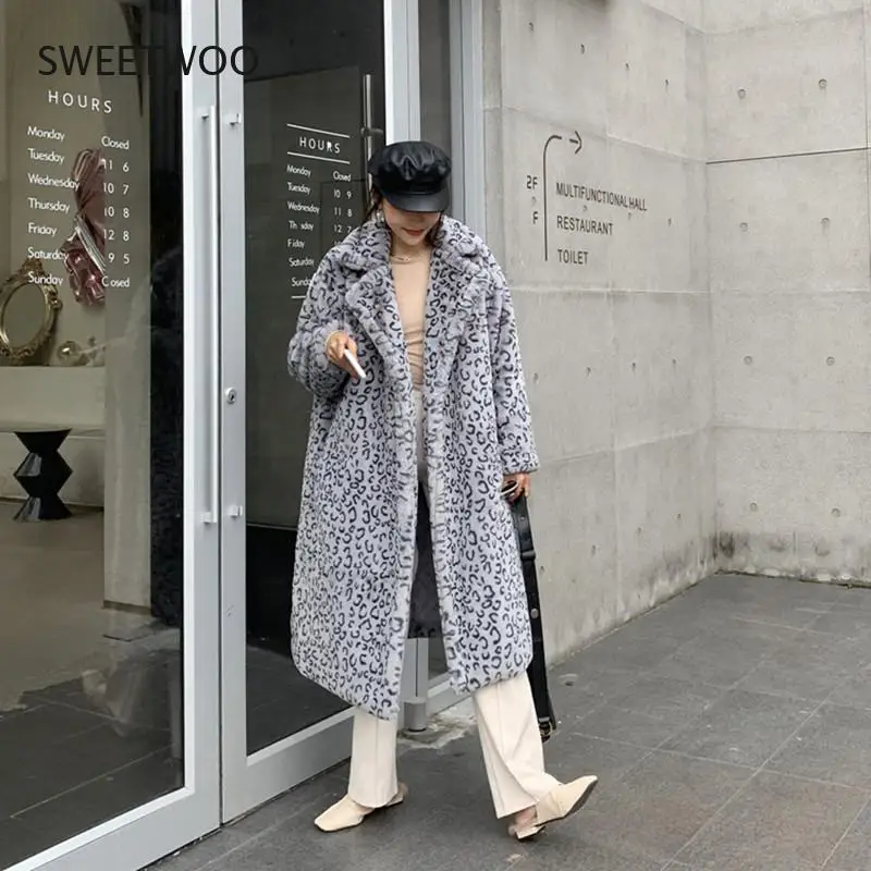 2021 Winter Thick Warm Leopard Long Teddy Fur Coat Women Outerwear High Quality Loose Suit Collar Faux Rabbit Fur Jacket Female