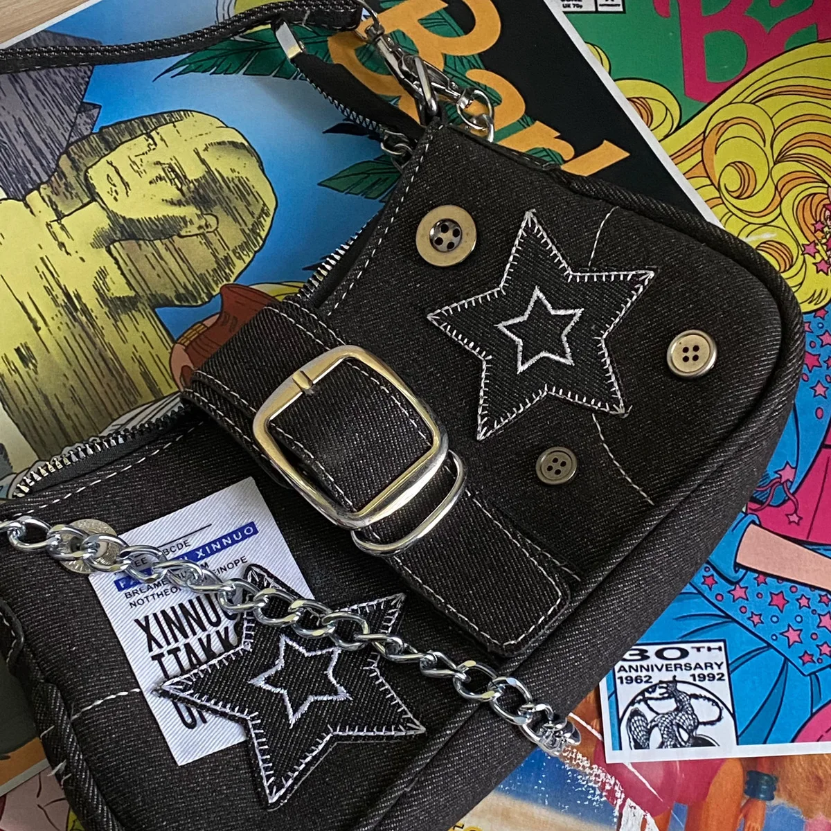 

New Retro American Style Y2k Fashion Denim Tote Bag Handbag Stitching Stars Metal Chain Bag Girl Woman Bag Purse Handbag