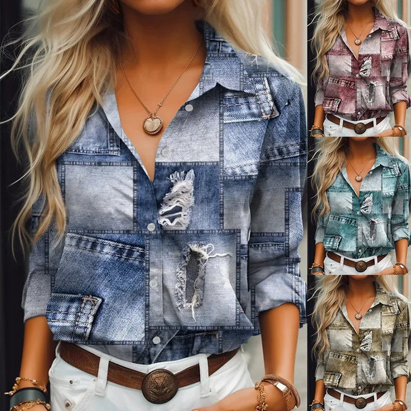 

Autumn and Winter Women's Elegant Street Printed Casual Cardigan Shirt Buttons Loose Oversize Ethnic Daily Basic T-shirt S-5XL