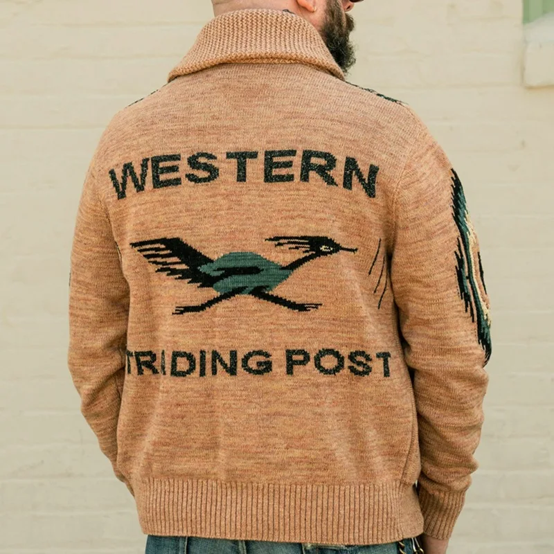 Men's Europe and The United States New Autumn and Winter Jacquard Sweater Retro Lapel Sweater Coat Knitted Sweater