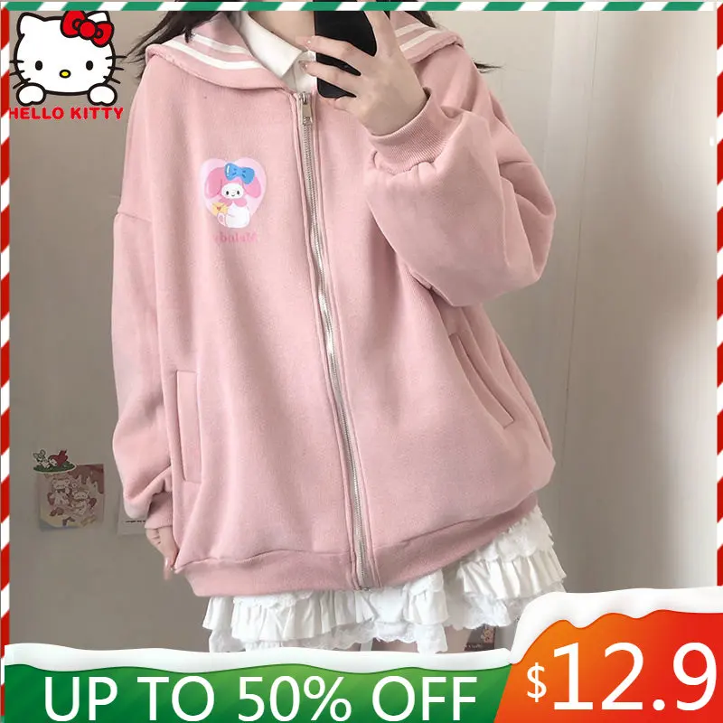 

Hello Kitty Hooded Women Sanrio Kuromi Coat Kawaii Long Sleeve Loose Anime Cartoon JK Uniform Jacket Japanese Top for Girls Gift