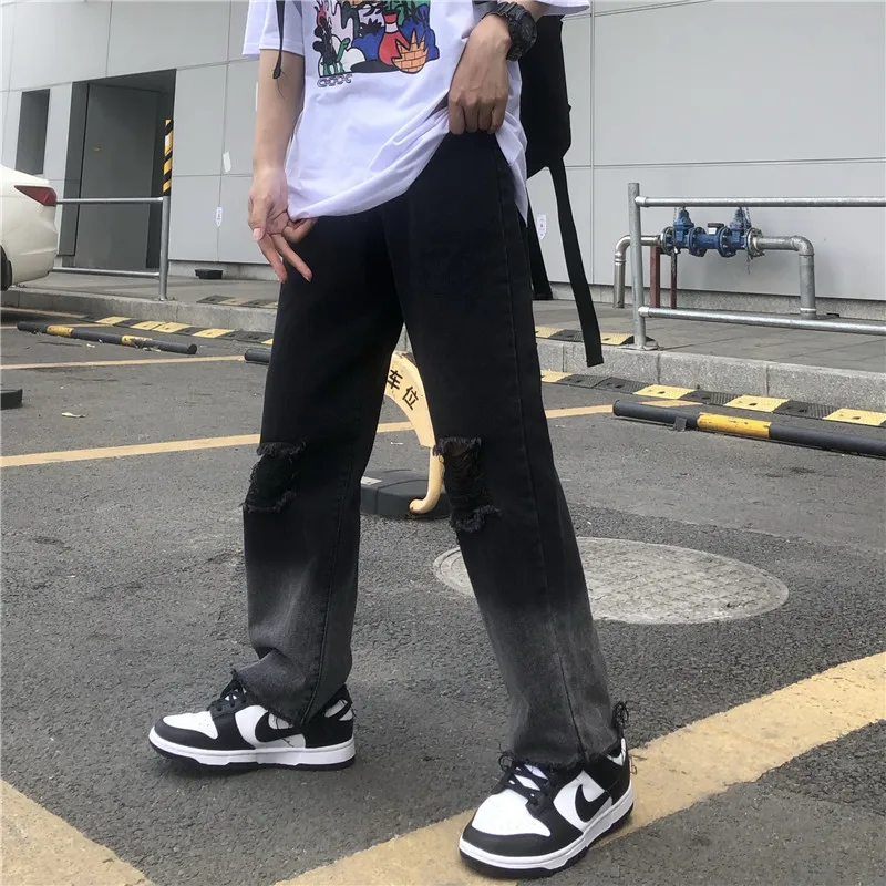 Spring and Summer New Style Korean Jeans Men's Retro Nine-point Straight Torn Wide-leg Pants Streetwear Men's джинсы для мужчин