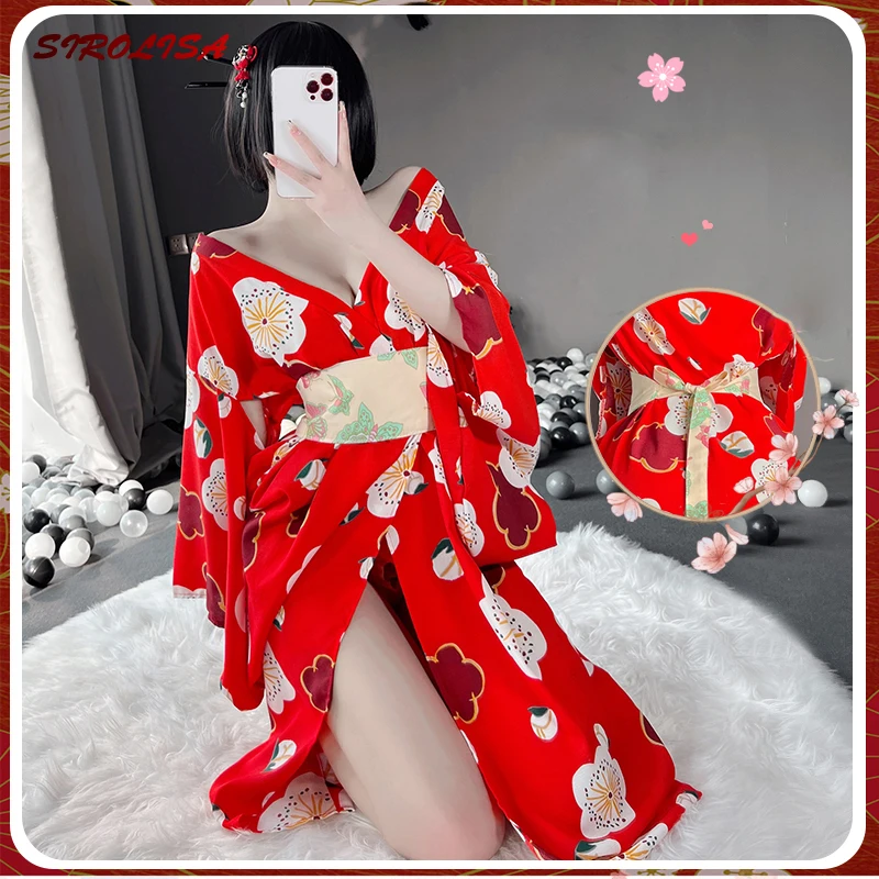 

SIROLISA Japanese Traditional Style Kimono V-Neck Floral Silk Satin Robes Bridal Dressing Oblique Long Kimono Bathrobe Women New