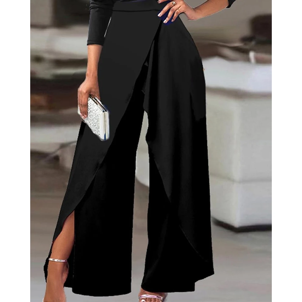 Sexy Women Ruched Cold Shoulder Split Hem Wide Leg Jumpsuit Summer Casual Long Sleeve Skew Neck Femme Robe Lady Work Outfits