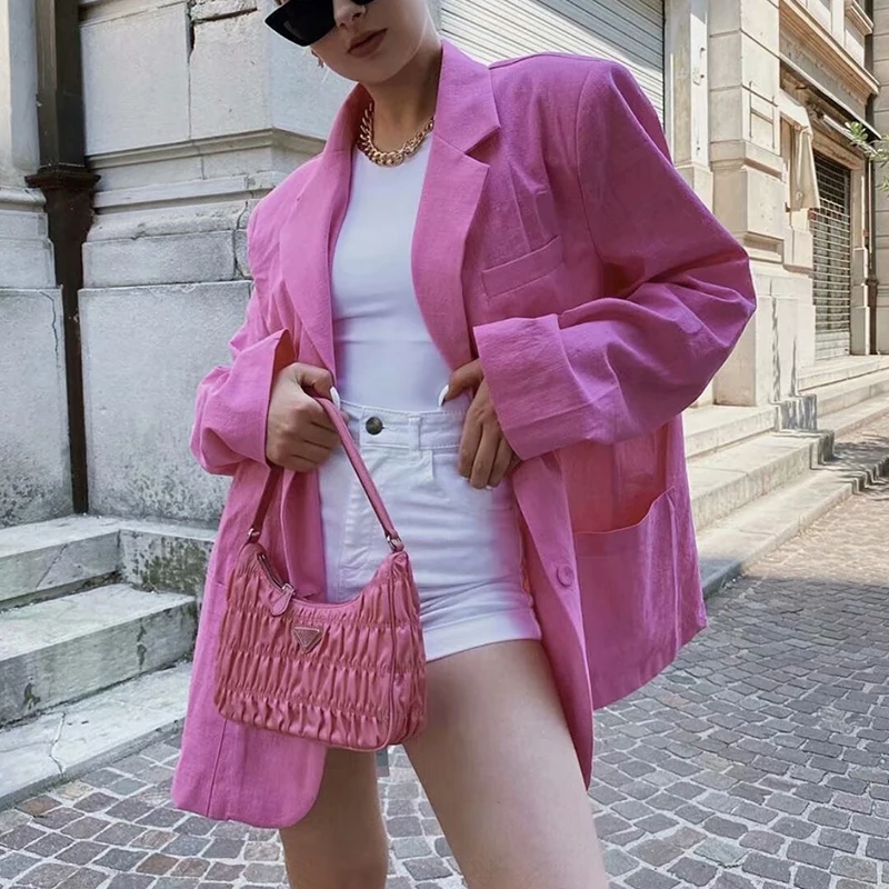 

Pink Thin Cotton Slim Blazers Lapel Solid Colors Single Breasted Casual Blazer Vintage Suits Women Long Sleeve Fashion Work Wear