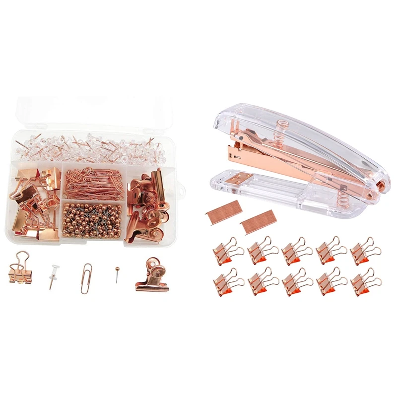 

Rose Gold Stapler Acrylic Desktop Stapler & Push Pins Binder Clips Paper Clips
