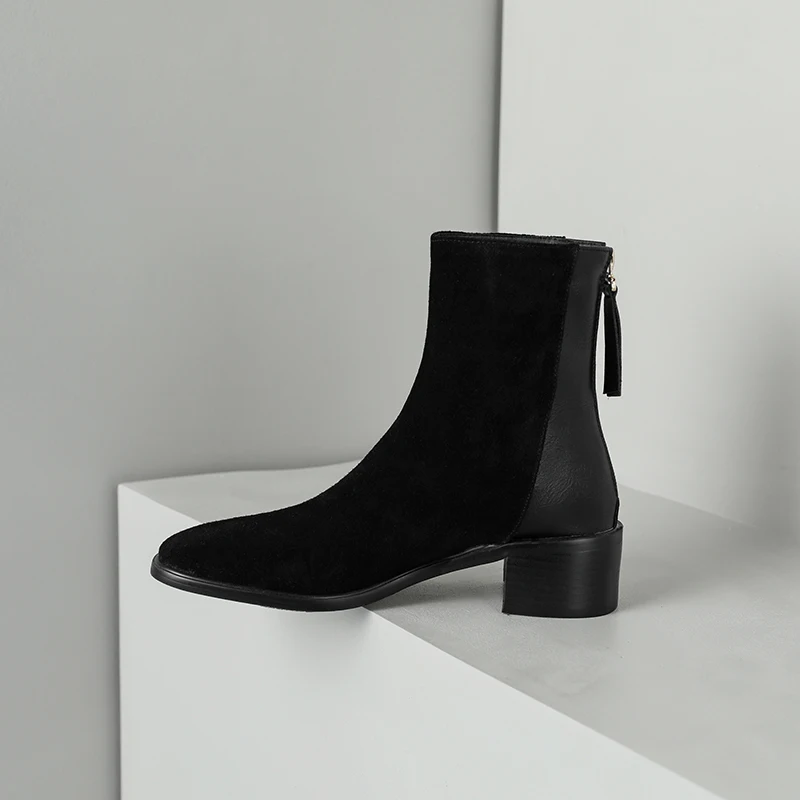 MythLuo Pumps Ankle Boots For Women Chunky Heels Boots Cow Suede Square Toe Mid Heels Back ZIP Office Ladies Casual Shoes Retro