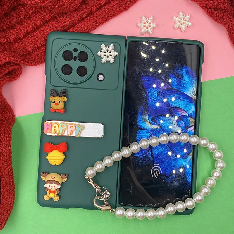 Case For Vivo X Fold Christmas Elk Girl Snow Stand Pearl Bracelet Forest Green Hard Mobile Phone Case Cover