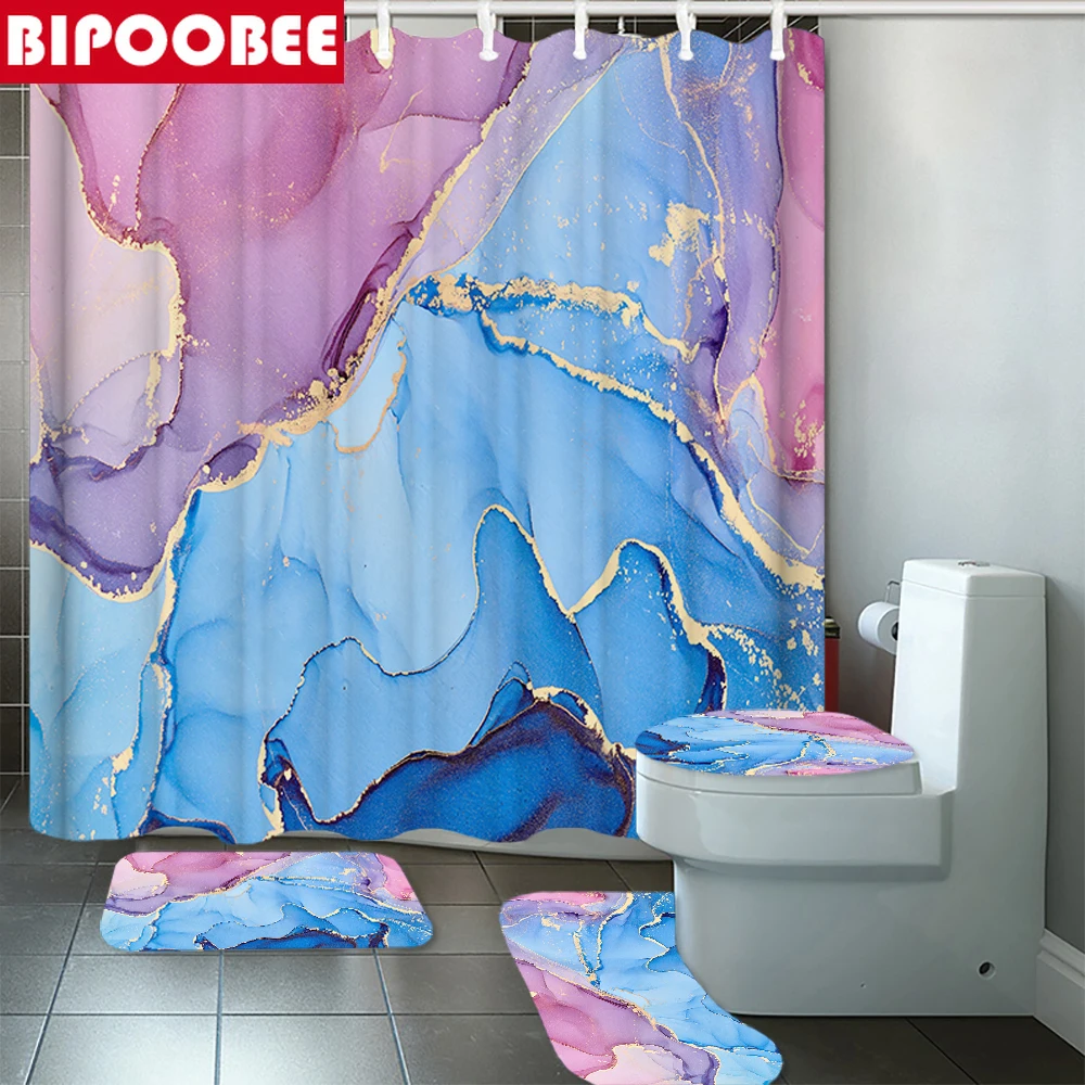 

Art Abstract Marbling Shower Curtains Crack Texture Luxury Stone Pattern Bathroom Mat Set Toilet Non-Slip Rugs Home Decoration