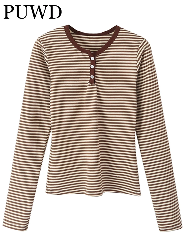 PUWD Casual Women Brown Three Buttons Retro Striped Slim Tees 2022 Autumn Fashion Ladies Casual Female Knitted Long Sleeves Top