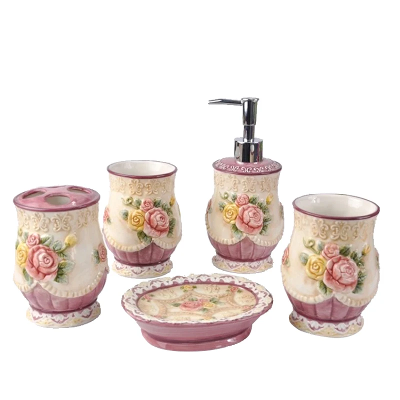

Pink Rose Ceramic Toothbrush Holder Soap Dish Bathroom Accessories Set Kit Bathroom Organizer Wedding Gifts