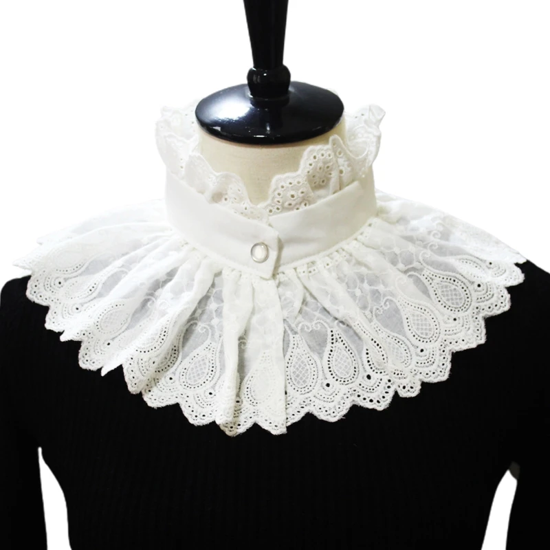 

Women Vintage Embroidery Paisley Big Shawl Ruffled Stand Fake Collar Victorian Steampunk White Scarf Half Shirt Capelet