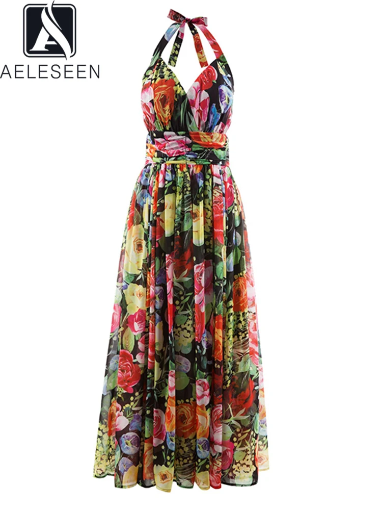 

AELESEEN 2022 Summer Beach Chiffon Dress Women Runway Fashion Strapless Spaghetti Strap Vacation Flower Printed Ladies