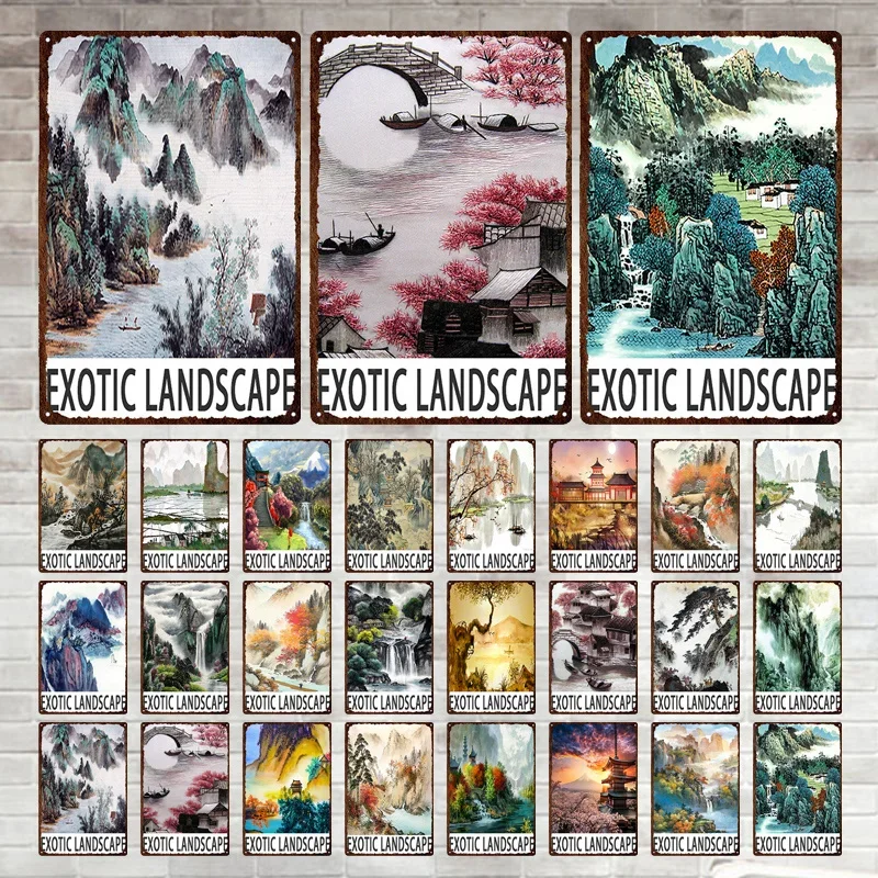 

Vintage Landscape Ink Painting Posters Retro Tin Signs Plaque Wall Decor Art Metal Plate For Man Cave Bar Club Decoration