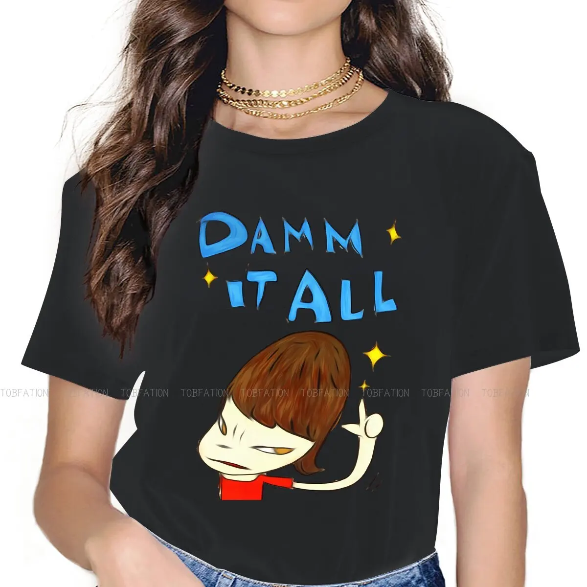 

Футболка Damm It All Sticker Essential для девочек, футболки Yoshitomo Nara Art в стиле Харадзюку, женская футболка, мягкая графическая футболка оверсайз