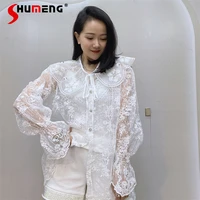 2022 summer lapel organza embroidery sun protection clothing long sleeve white cardigan loose mid length shirt camisa de mujer