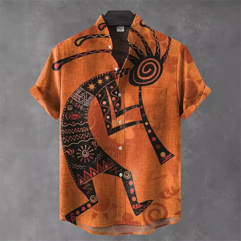 Портретная льняная рубашка с короткими рукавами и африканским племенным