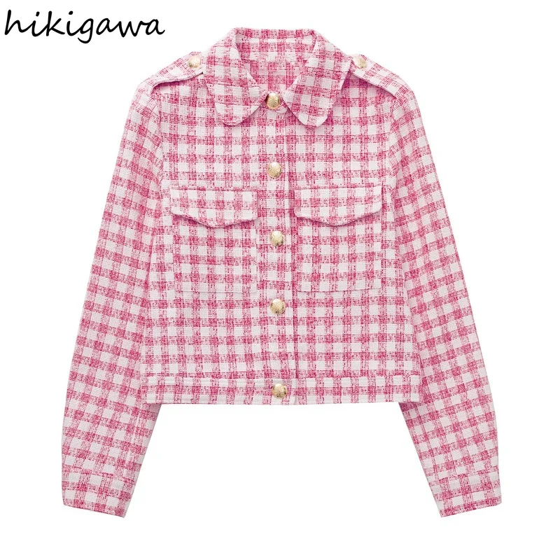 

Hikigawa Women Fashion Tweed Plaid Texture Casual Blazer Coat Vintage Long Sleeve Flap Pockets Female Outerwear Chic Tops Mujer