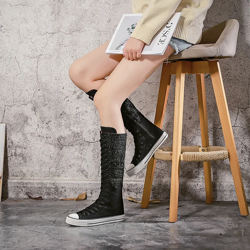 2021 New Spring Women Canvas Casual High Top Shoes Long Boots Lace-Up Zipper Comfortable Flat Female Autumn High Boots Sneakers