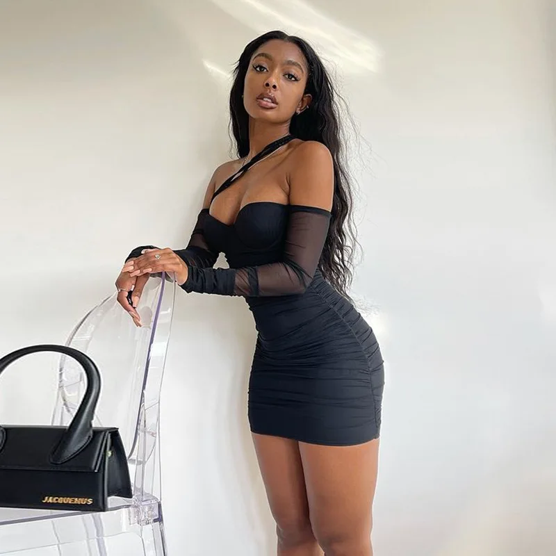 

2021 Autumn New Sexy Mesh Mini Dress One Shoulder Wrap Chest See Through Long Sleeve Bodycon Dress Party Club Outfits