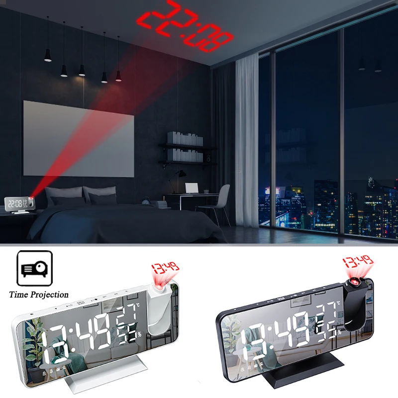 

Modern style LED Digital Projection Alarm Time Projector Clock Electronic Alarm Clock Bedroom Projection FM Radio Mute Clock