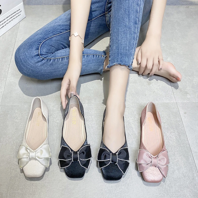 

Women's flat shoes elegant bow square head designer shoes Korean solid color party shoes flat shoes